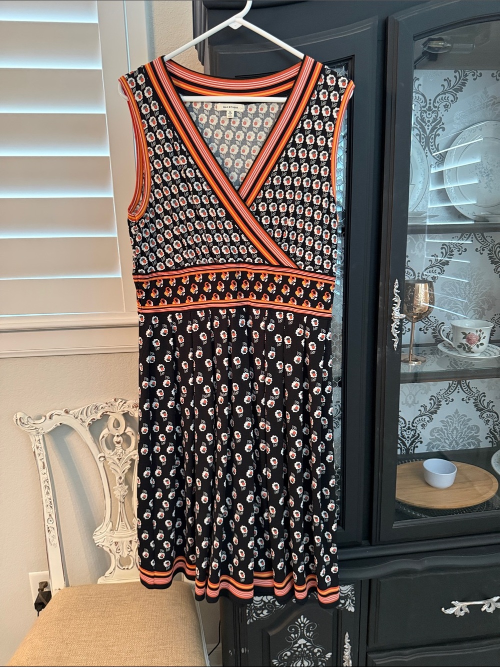 Max Studio Black Sleeveless Floral Fit-and-Flare Dress with Orange Trim